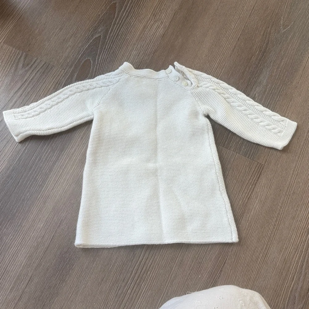 Jacadi cream cable knit bow embellished baby girl cotton wool blend dress 6m